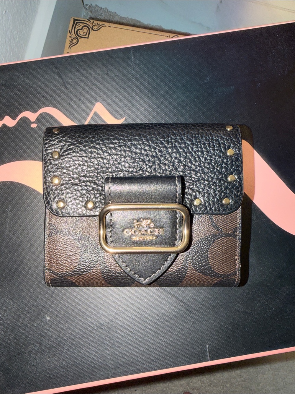 Coach Black & Brown Signature Leather Stud-Accent Small Wallet